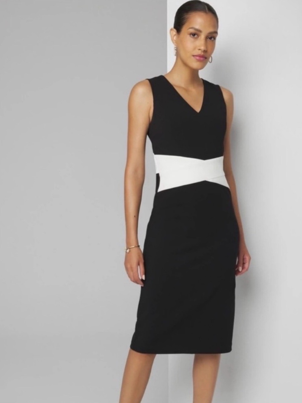 White House Black Market Black and White V-Neck Midi Sheath Dress